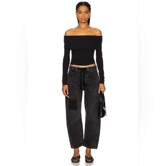 FREE PEOPLE WE THE FREE Moxie Low Slung Pull On Black Barrel Wide Leg Jeans 28 - Picture 6 of 15